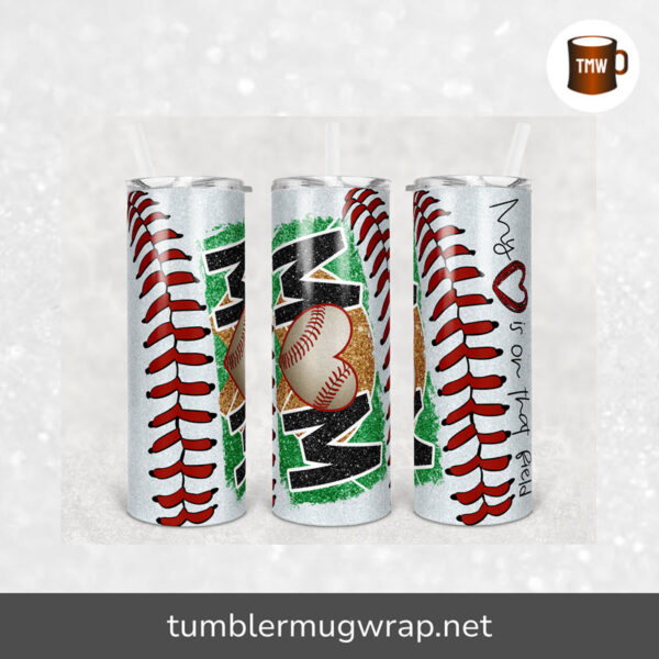 Baseball Mom Glitter Heart on Field Laces Sublimation, 20oz Skinny Tumbler Wrap