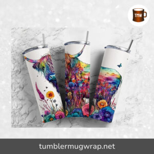 Colorful Highland Cow Sublimation, 20oz Skinny Tumbler Wrap