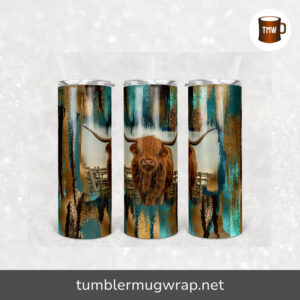 Cow Teal and Gold Brush Strokes Sublimation, 20oz Skinny Tumbler Wrap