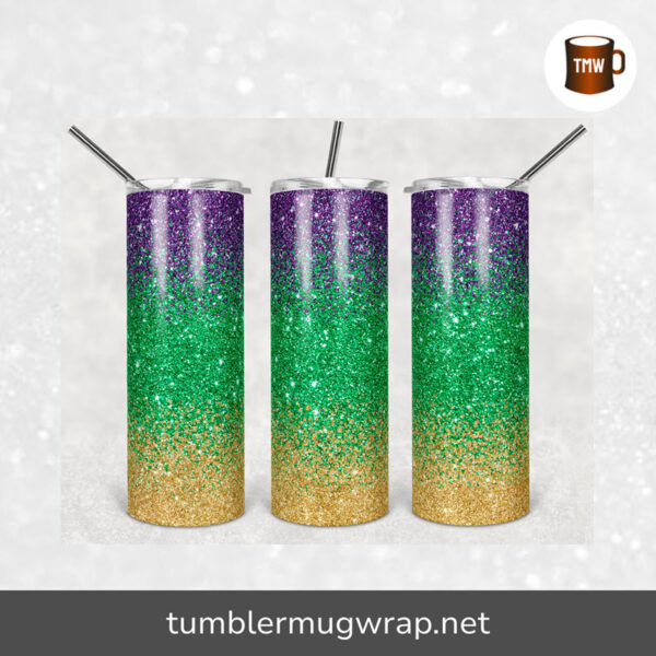 Glitter Ombre Purple Gold Green Mardi Gras Sublimation, 20oz Skinny Tumbler Wrap