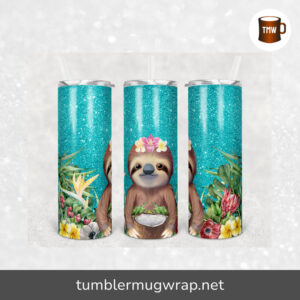 Glitter Teal Sloth Sublimation, 20oz Skinny Tumbler Wrap