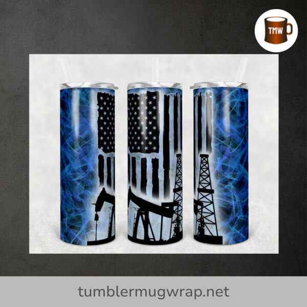 Oilfield Oil Rig Blue Smoke Background Flag Sublimation, 20oz Skinny Tumbler Wrap