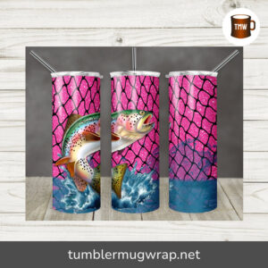 Rainbow Trout Fishing Pink Glitter Sublimation, 20oz Skinny Tumbler Wrap