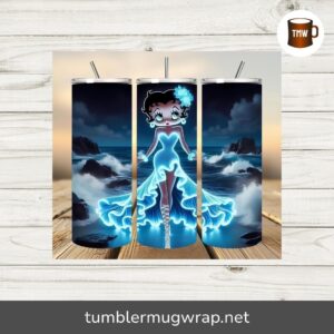 3D Cute Betty Blue Neon Sea 20oz Tumbler Wrap, Sublimation PNG Design