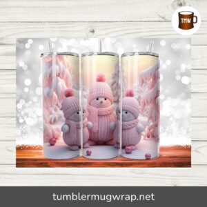 3D Cute Pink Snowman Sublimation PNG, 20oz Skinny Tumbler Wrap
