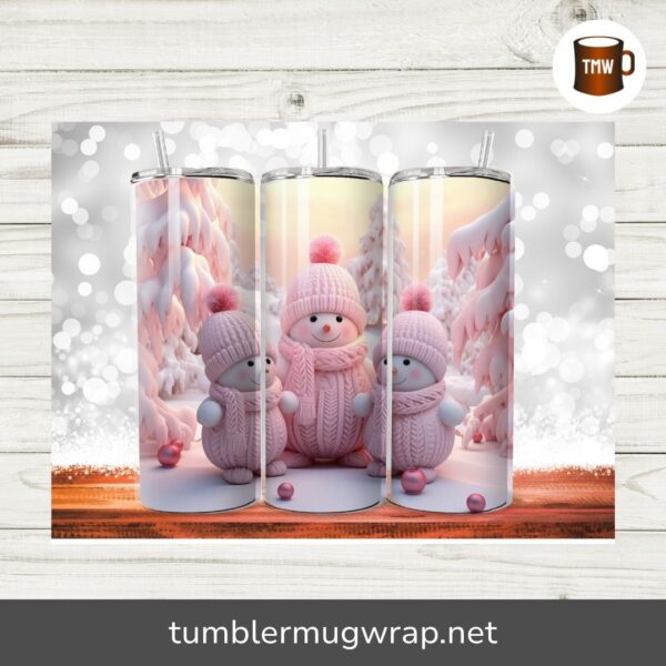 3D Cute Pink Snowman Sublimation PNG, 20oz Skinny Tumbler Wrap