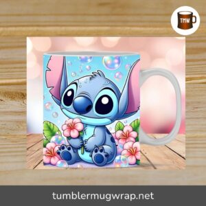 3D Cute Stitch Mug Wrap PNG, Flowers & Bubbles Sublimation Design for 11oz & 15oz Mugs