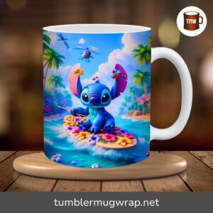 3D Cute Stitch on Flower Boat Mug Wrap PNG, Sublimation Design for 11oz & 15oz Mugs