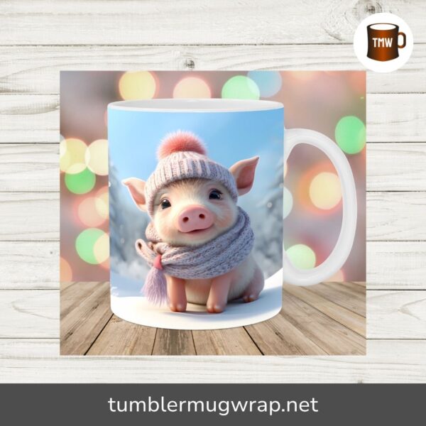 3D Cute Winter Pig Sublimation PNG, 11oz 15oz Mug Wrap