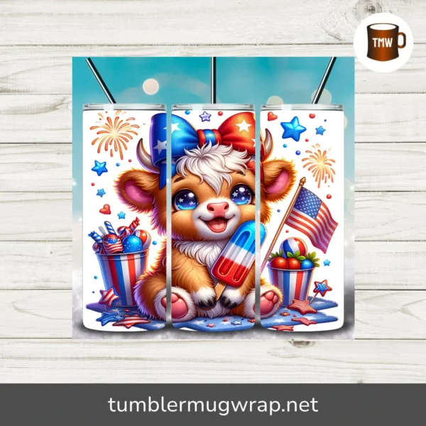4th of July Highland Cow Popsicle Tumbler Wrap, 20oz Skinny Sublimation Design