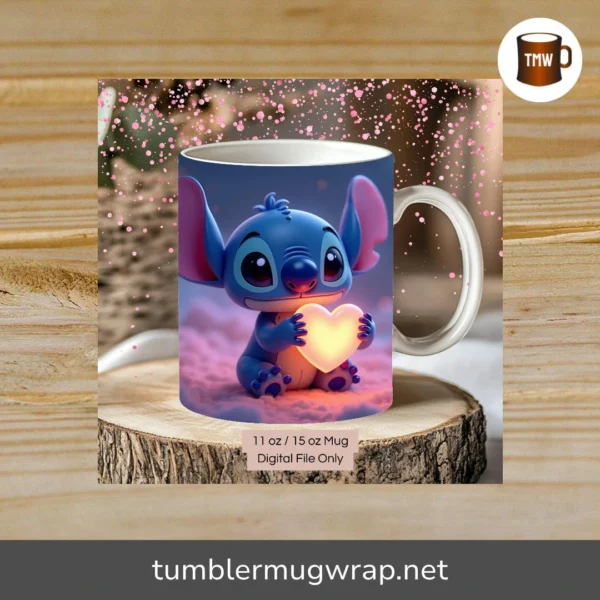 Cute 3D Stitch Mug Wrap PNG, Sublimation Design for 11oz & 15oz Coffee Mugs