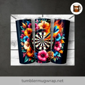 Flaming Dart & Bullseye Floral Tumbler Wrap, 20oz Skinny Sublimation PNG Design