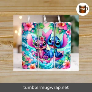 Funny Stitch Summer 20oz Skinny Tumbler Wrap, Beach Cartoon Sublimation PNG