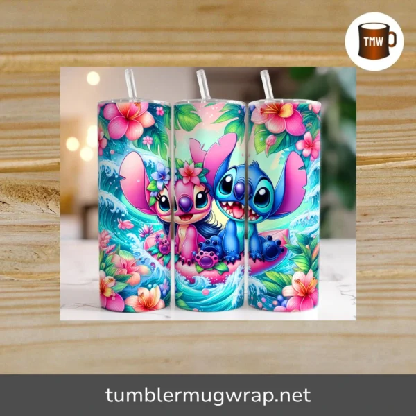 Funny Stitch Summer 20oz Skinny Tumbler Wrap, Beach Cartoon Sublimation PNG