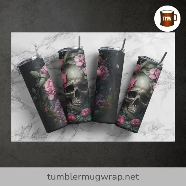 Gothic Skull & Rose Tumbler Wrap, 20 oz Sublimation Design