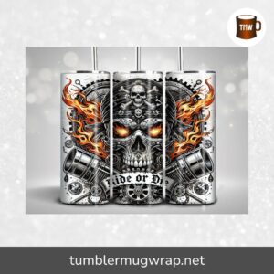 Ride or Die Skull Tumbler Wrap 20oz, Biker Flames Sublimation PNG