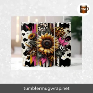 Sunflower Cow Print Tumbler Wrap PNG, 20oz Skinny Tumbler Sublimation Design