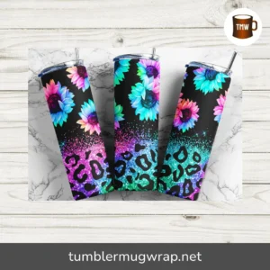 Sunflowers & Glitter Leopard Tumbler Wraps, Seamless 20oz Skinny Tumbler PNG