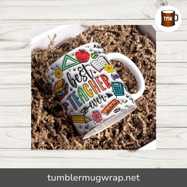 3D Inflated Teacher Mug Wrap PNG, Puff Sublimation Design for 11oz & 15oz Mugs
