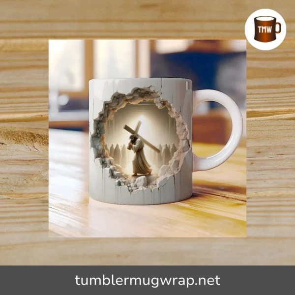 3D Jesus and Cross Hole Wall Cracked Mug Wrap 11oz & 15oz
