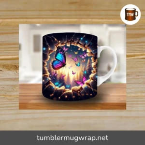 3D Neon Butterfly Hole in Wall Mug Wrap PNG, 11oz & 15oz Sublimation Design