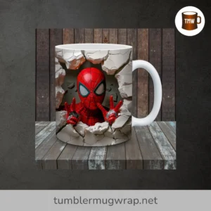 3D Superhero Mug Wrap PNG, Hole in the Wall Cartoon Design for 11oz & 15oz Sublimation Mugs