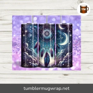Boho Celestial Dreamcatcher Tumbler Wrap PNG, 20oz Skinny Sublimation Design, Stars & Moon Night Sky Tumbler