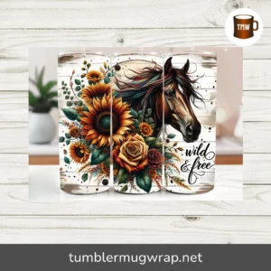 Wild & Free Boho Horse 20oz Tumbler Wrap, Farm Animal Sublimation PNG, Ranch Style Skinny Tumbler Design