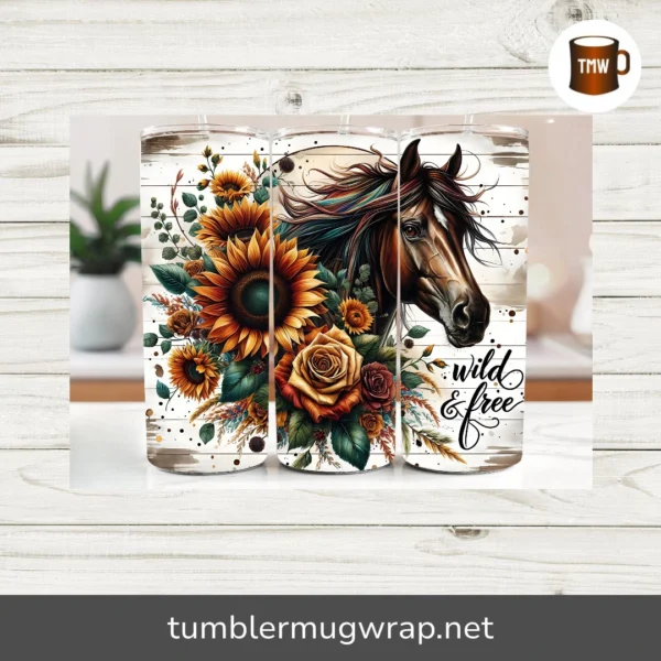 Wild & Free Boho Horse 20oz Tumbler Wrap, Farm Animal Sublimation PNG, Ranch Style Skinny Tumbler Design